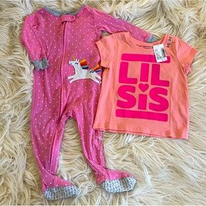 Girls 12-18 Mos Bundle - NWT Lil Sis T & Carters Zip Up Onezie Unicorn Jammies